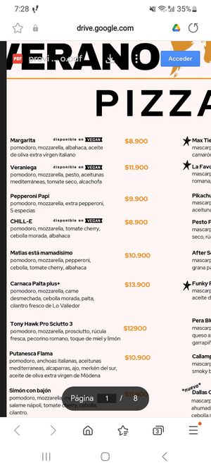 Vegan options on the food menu at Bar Flama in Santiago