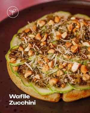 Waffle Zucchini (carpaccio de abobrinha, molho pesto, parmesão vegano e castanha de caju)  at The Koffie Waffles in Brasilia