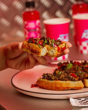 Waffle Veg (Caponata de berinjela com pasta de grão de bico)  at The Koffie Waffles in Brasilia