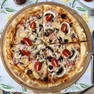 Vegetarian pizza with vegan cheese   at Briz in Sunny Beach