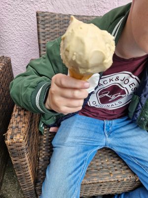 Salted caramel vegan ice cream at Nana Jude's Ice Cream Shop in Lynton