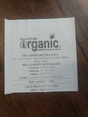 Receipt with contact info at Villa Natura Organic - Centro in Lima