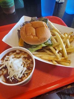 Impossible Burger, fries, & chili at Plant Based Coneys in Ypsilanti