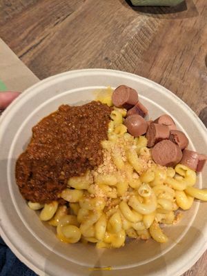 Mac and cheese w/ chili and hot dog (this is the way) at Plant Based Coneys in Ypsilanti