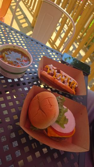 Chicken noodle soup, coney, and cheeseburger at Plant Based Coneys in Ypsilanti