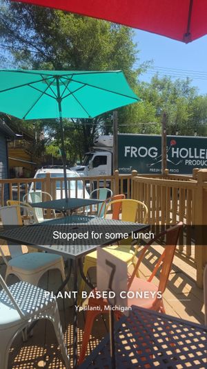 Outdoor seating at Plant Based Coneys in Ypsilanti