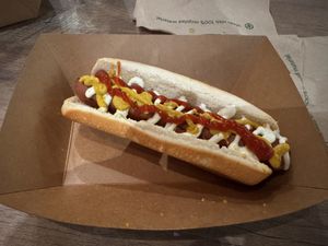 Hot dog with mayo, ketchup and mustard  at Plant Based Coneys in Ypsilanti