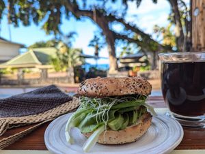 Coffee and avo bagel at Bikini Bottoms Coffee in Kailua Kona