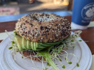 Avocado everything bagel at Bikini Bottoms Coffee in Kailua Kona