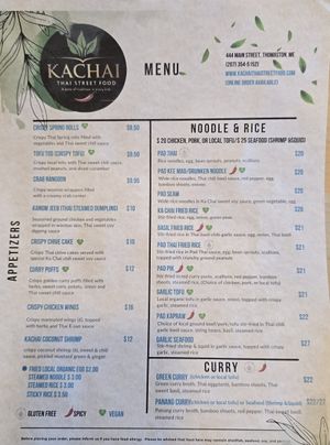 Vegan options marked woth green heart on menu 💚 at Ka Chai in Thomaston