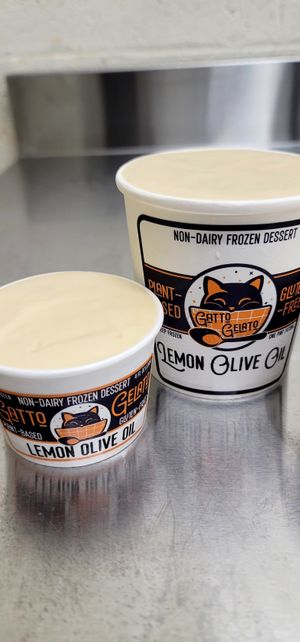 4oz Mini-Kitty and 16oz pint of Lemon Olive Oil gelato. at Gatto Gelato in Portland
