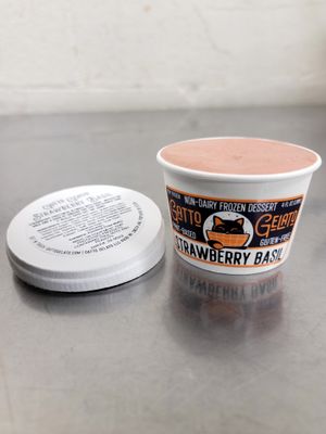 4oz Mini-Kitty of Strawberry Basil gelato. Infused with fresh basil and made with a twist of white vinegar for a buttermilk-like tang. at Gatto Gelato in Portland