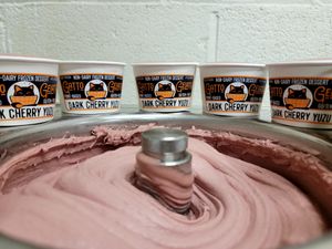 Freshly churned batch of Dark Cherry Yuzu sorbet. at Gatto Gelato in Portland