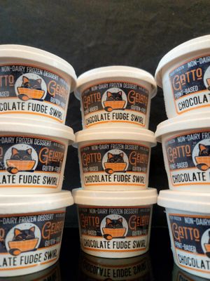 A bunch of Chocolate Fudge Swirl 4oz Mini-Kitties. This flavor is dairy-free, gluten-free, and coconut-free! at Gatto Gelato in Portland