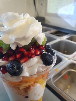 Fruit layered with coconut whip at Fruitopia in Brentwood