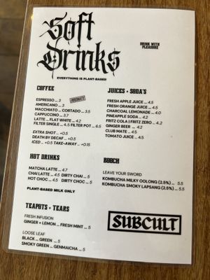 Menu drinks  at SUBCULT in Amsterdam