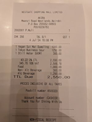 A bill at Akira - Modern Asian in Nairobi