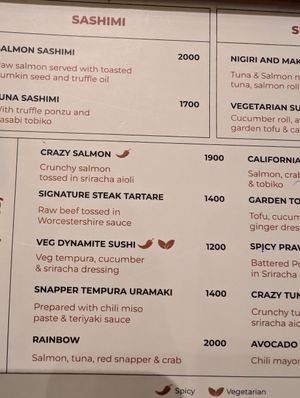 Menu at Akira - Modern Asian in Nairobi