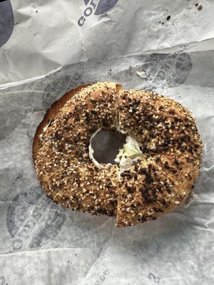 Toasted flat everything with tofu scallion (didn’t really seem like a flagel and there was barely any cream cheese on it)  at The Original Goldberg's Famous Bagels in Riverhead