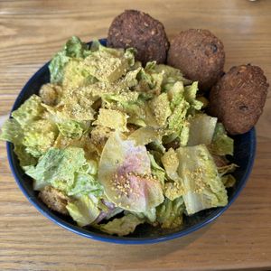 Avling Caesar with Black Bean & Quinoa Fritters  at Avling in Toronto