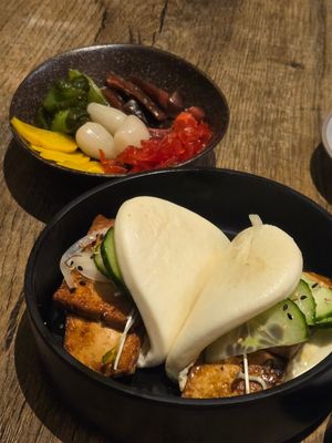 Tofu bao and pickled vegetables side at The Bowl Ramen & Izakaya in San Diego