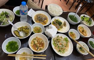 Fried eggplant with garlic, salad, and fried vegan chicken with vegetables (and many free sides!)  at Katze in Hanoi