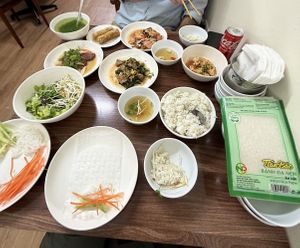 Everything that came out - including rice, rice paper to roll, leaf soup and sauces  at Katze in Hanoi