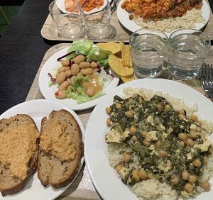 Salad, bread with hummus and rice with chickpeas and vegetables   at UniCafe Kaivopiha in Helsinki