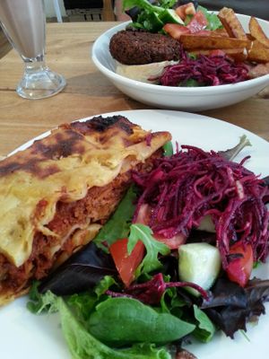 Vegan lasagne and burger at Black Cat in East London