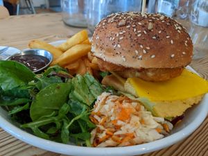 Breakfast sandwich with chips at Black Cat in East London