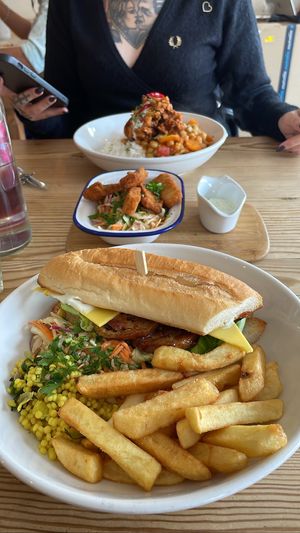 curry, fish-less sticks and sandwhich   at Black Cat in East London