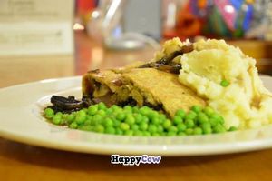 Seitan & Mushroom Pie with Mash, Gravy and Peas at Black Cat in Hackney at Black Cat in East London