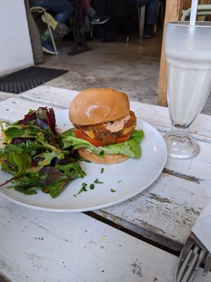 crispy tofu and raspberry + mango milkshake at Black Cat in East London