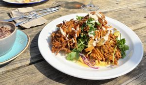 Pakoras and salad & oat milk cappuccino   at Runwayskiln in Haverfordwest
