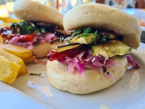 Vegan bao buns at Perigiali Sea Food Restaurant in Rhodes