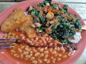 Vegan all day breakfast (with extra chilli sauce) at The Garden House in North London