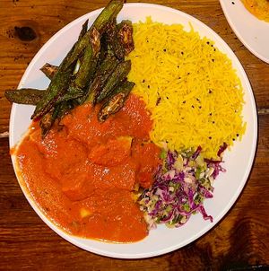 chickfu curry with okra and rice😋  at Pondicheri in Houston