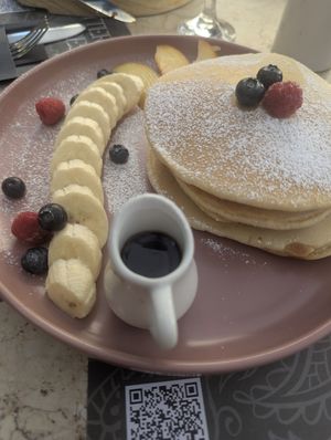 Vegan pancakes (ask for maple syrup instead of honey) at Bitter in Tirana