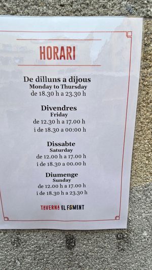 Opening hours at La Taverna d'El Foment in Girona
