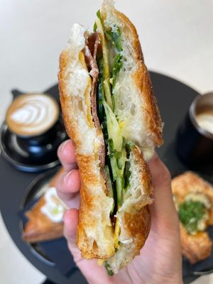 Inside of the croissant sandwich - vegan cheese and meat at Margo's Amsterdam Bellamy - Oud-West in Amsterdam