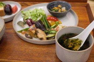 Konbu broth soup and veggie plate (Japanese-style vegan breakfast) at Hotel Mazarium in Morioka