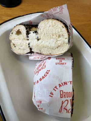 Vegan feta schmear on a black sesame bagel  at Brooklyn Boy Bagels in Marrickville
