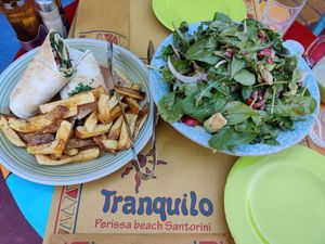 Veggie wrap with french fries and salad (xl size) at Tranquilo in Santorini