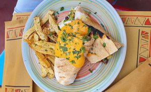 Vegetarian Mexican Wrap with cheddar cheese (spicy, kidney beans, lettuce, avocado, tomatoes, corn) at Tranquilo in Santorini