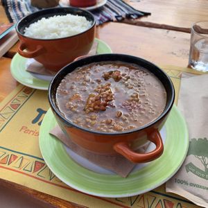 Lentil stew with plain white rice - enough for 2 people to share  at Tranquilo in Santorini
