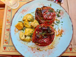 Lovely cafe bar restaurant on Perissa beach. Delicious Greek food, friendly service, clean and well maintained facilities. The decor is bright and lively.  at Tranquilo in Santorini