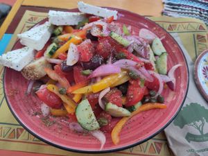 Greek salad (with non-vegan feta) at Tranquilo in Santorini