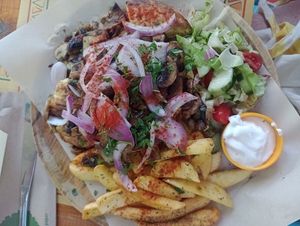 Vegan mushroom gyros plate at Tranquilo in Santorini