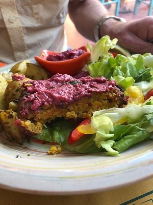Burger platter. That's beet hummus. at Tranquilo in Santorini