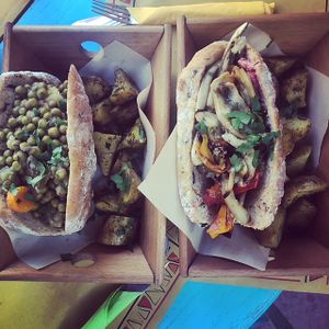 SanTrilos. The one on the left has potatoes and peas and such in it. The one on the right has roast vegetables and hummus. So good. at Tranquilo in Santorini